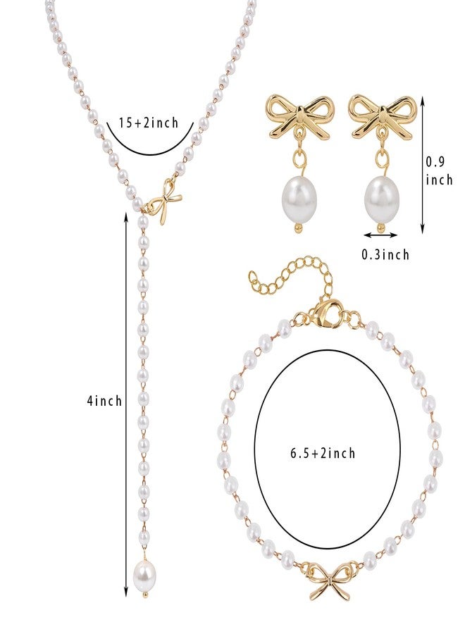 Raicegs Pearl Jewelry Set for Women Wedding Gold Pearl Bow Necklace Bracelet Earrings Set Bride Bridesmaid Dainty Bow Jewelry Gift for Women - Image 5